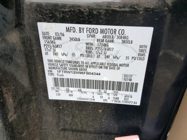 1FTRW12W96FB04344 - 2006 FORD F150 SUPER BLACK photo 10