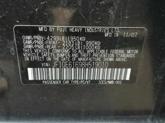 JF1GE61698H519010 - 2008 SUBARU IMPREZA 2. BLACK photo 10