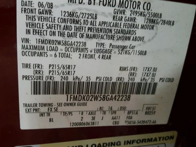 1FMDK02W58GA42238 - 2008 FORD TAURUS X S MAROON photo 10