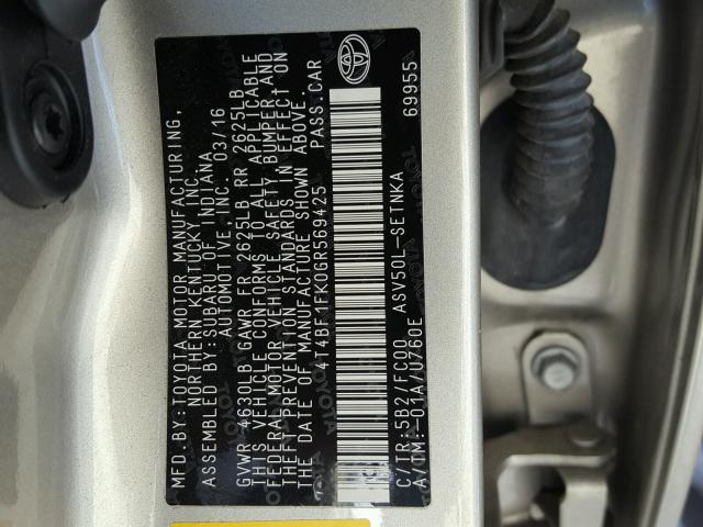 4T4BF1FK0GR569425 - 2016 TOYOTA CAMRY LE SILVER photo 10