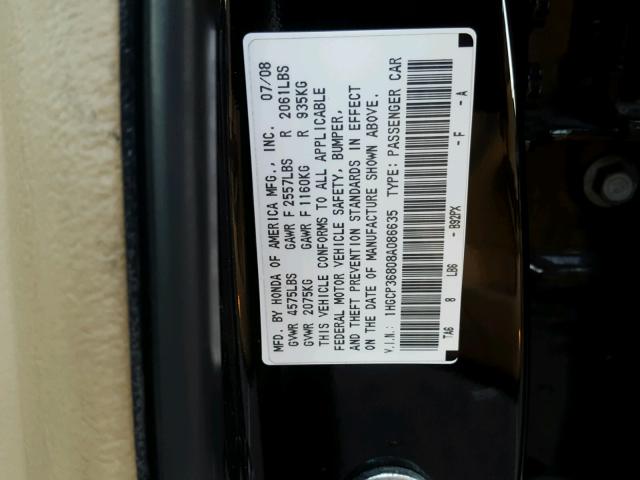 1HGCP36808A086635 - 2008 HONDA ACCORD EXL BLACK photo 10