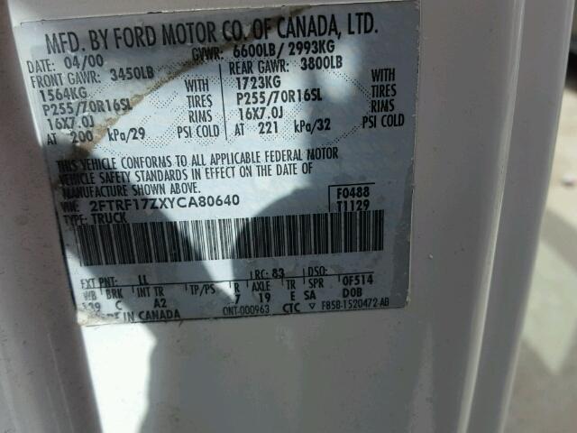 2FTRF17ZXYCA80640 - 2000 FORD F150 WHITE photo 10