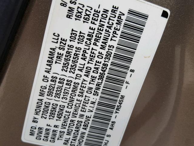 5FNRL38645B135015 - 2005 HONDA ODYSSEY EX GOLD photo 10