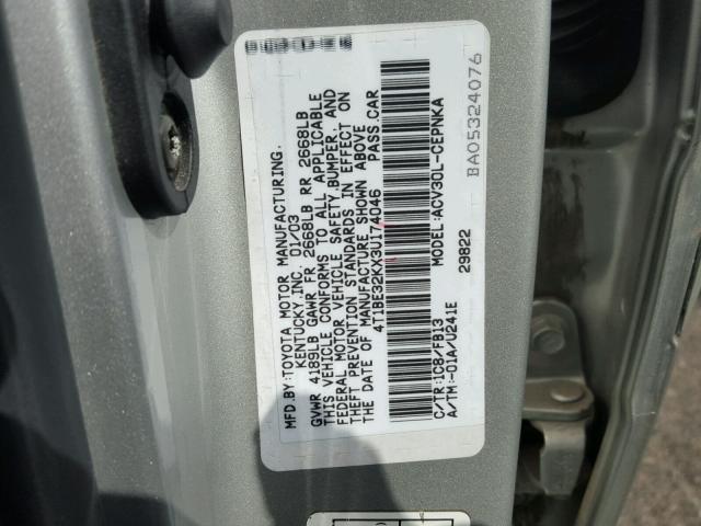 4T1BE32KX3U174046 - 2003 TOYOTA CAMRY LE SILVER photo 10