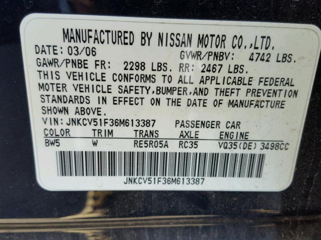 JNKCV51F36M613387 - 2006 INFINITI G35 BLUE photo 10