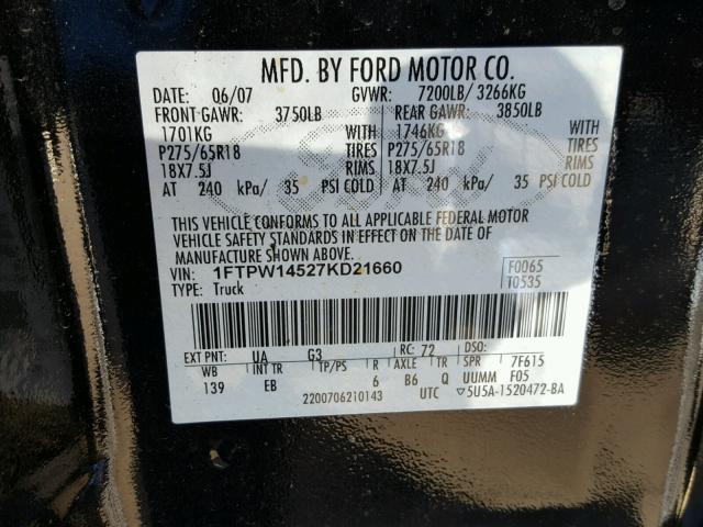 1FTPW14527KD21660 - 2007 FORD F150 SUPER BLACK photo 10