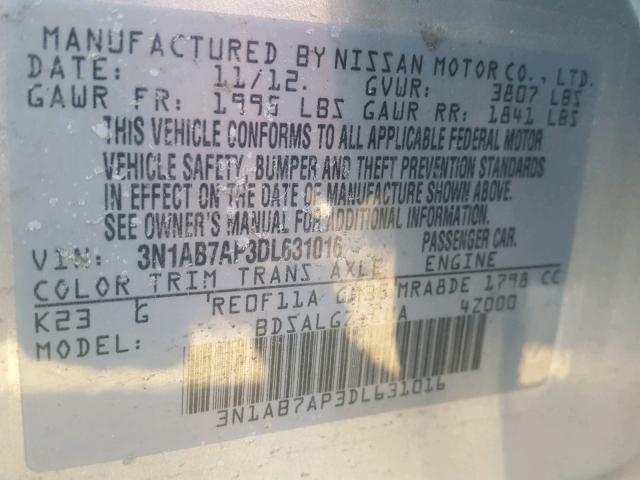 3N1AB7AP3DL631016 - 2013 NISSAN SENTRA S SILVER photo 10