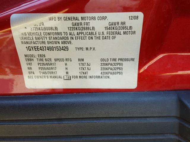 1GYEE437490153429 - 2009 CADILLAC SRX RED photo 10