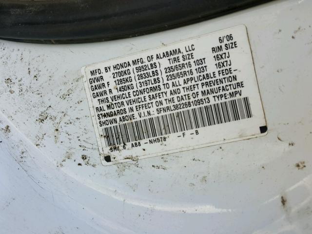 5FNRL38226B109513 - 2006 HONDA ODYSSEY LX WHITE photo 10