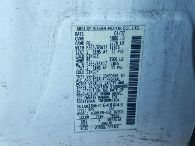 5N1AR18U67C648843 - 2007 NISSAN PATHFINDER WHITE photo 10