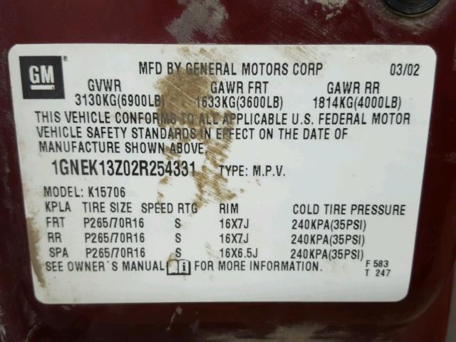 1GNEK13Z02R254331 - 2002 CHEVROLET TAHOE K150 MAROON photo 10