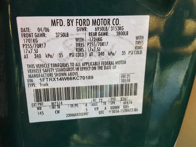 1FTRX14W66KC70189 - 2006 FORD F150 GREEN photo 10