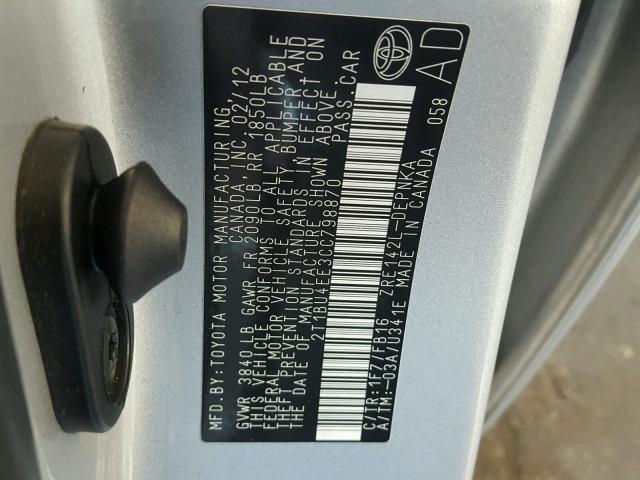 2T1BU4EE3CC798870 - 2012 TOYOTA COROLLA BA SILVER photo 10