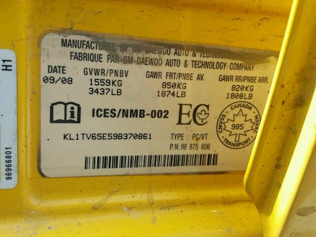 KL1TV65E59B370861 - 2009 CHEVROLET AVEO LS YELLOW photo 10