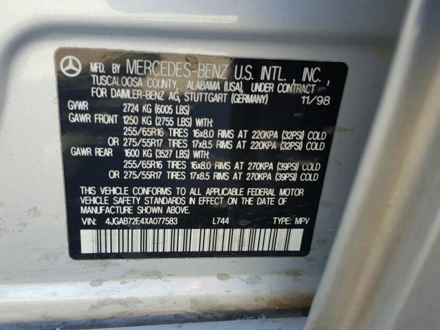 4JGAB72E4XA077583 - 1999 MERCEDES-BENZ ML 430 Silber Foto 10