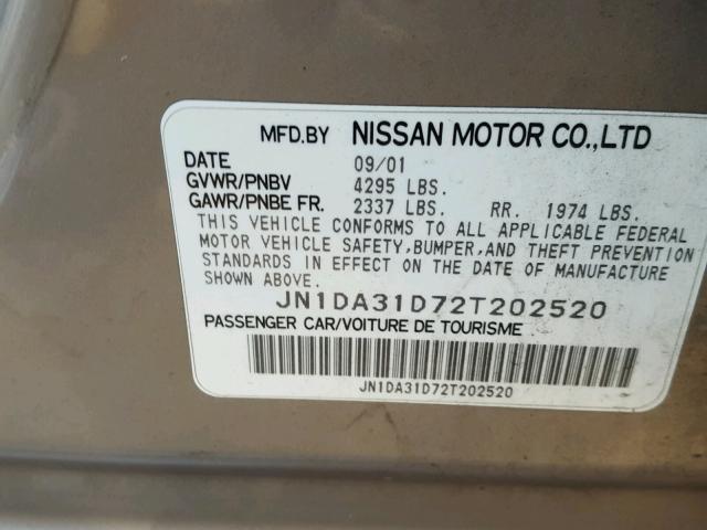 JN1DA31D72T202520 - 2002 NISSAN MAXIMA GLE GRAY photo 10