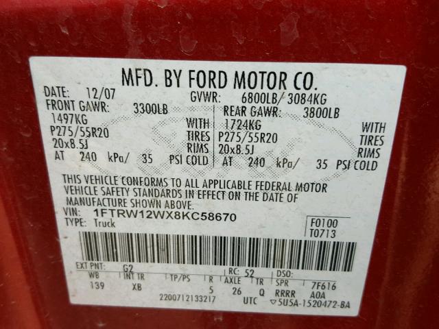 1FTRW12WX8KC58670 - 2008 FORD F150 SUPER RED photo 10