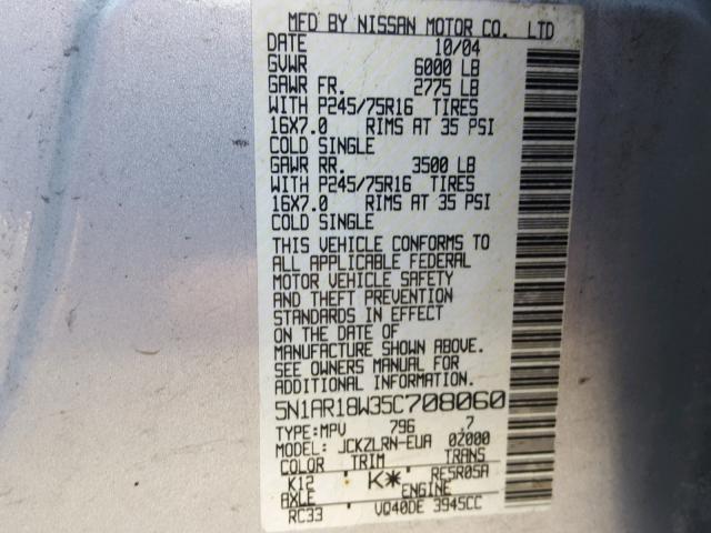 5N1AR18W35C708060 - 2005 NISSAN PATHFINDER SILVER photo 10