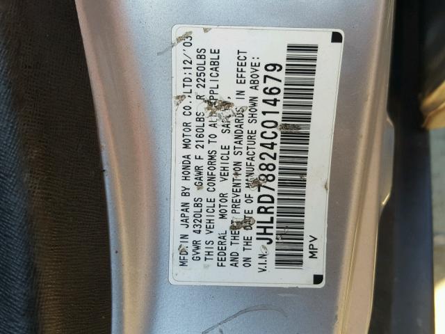 JHLRD78824C014679 - 2004 HONDA CR-V EX SILVER photo 10