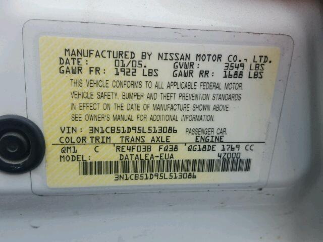 3N1CB51D95L513086 - 2005 NISSAN SENTRA 1.8 WHITE photo 10