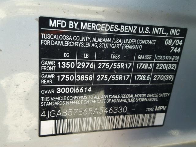 4JGAB57E65A546330 - 2005 MERCEDES-BENZ ML 350 SILVER photo 10