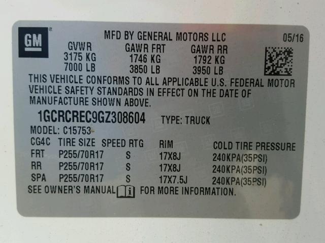 1GCRCREC9GZ308604 - 2016 CHEVROLET SILVERADO WHITE photo 10