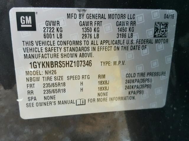 1GYKNBRS5HZ107346 - 2017 CADILLAC XT5 LUXURY GRAY photo 10