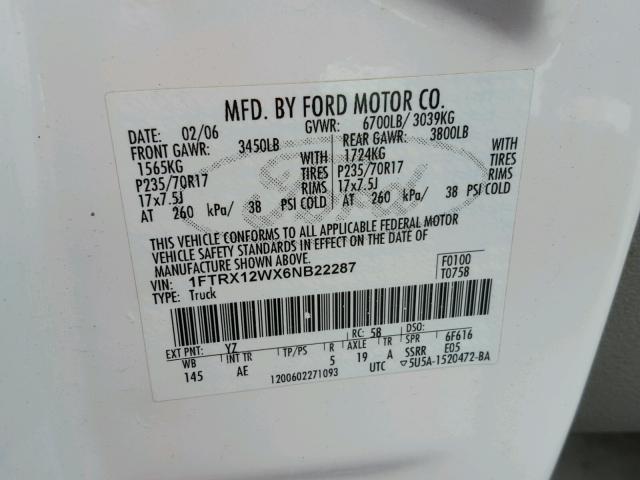 1FTRX12WX6NB22287 - 2006 FORD F150 WHITE photo 10