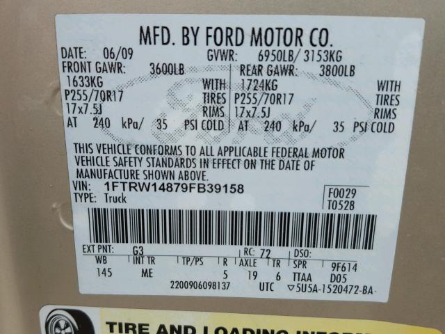 1FTRW14879FB39158 - 2009 FORD F150 SUPER TAN photo 10