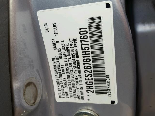 2HGES26761H577601 - 2001 HONDA CIVIC EX SILVER photo 10