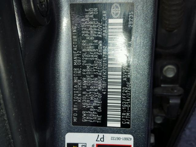 4T1BF1FK7CU147852 - 2012 TOYOTA CAMRY BASE GRAY photo 10