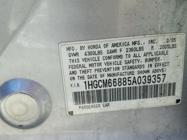 1HGCM66885A039357 - 2005 HONDA ACCORD EX SILVER photo 10