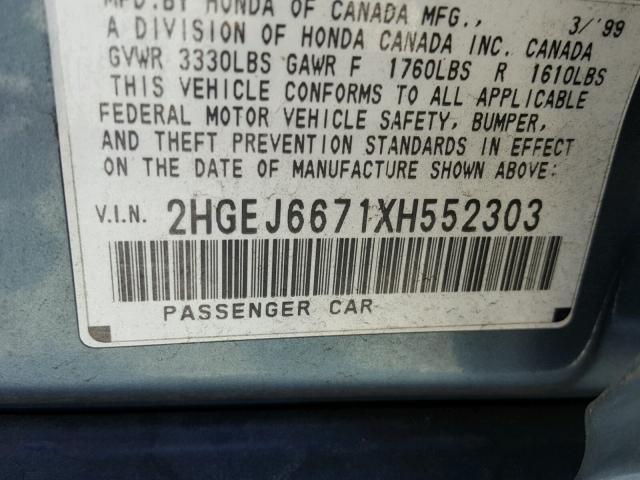 2HGEJ6671XH552303 - 1999 HONDA CIVIC LX BLUE photo 10