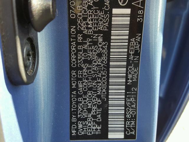 JTDKB20U577685843 - 2007 TOYOTA PRIUS BLUE photo 10