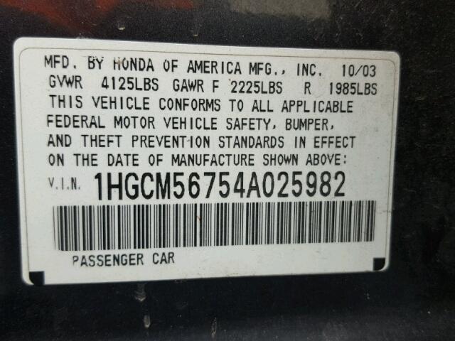 1HGCM56754A025982 - 2004 HONDA ACCORD EX CHARCOAL photo 10