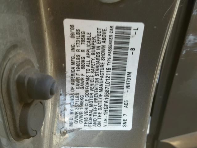 1HGFA16587L012116 - 2007 HONDA CIVIC LX GRAY photo 10