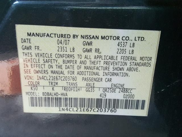 1N4CL21E67C203760 - 2007 NISSAN ALTIMA HYB GRAY photo 10