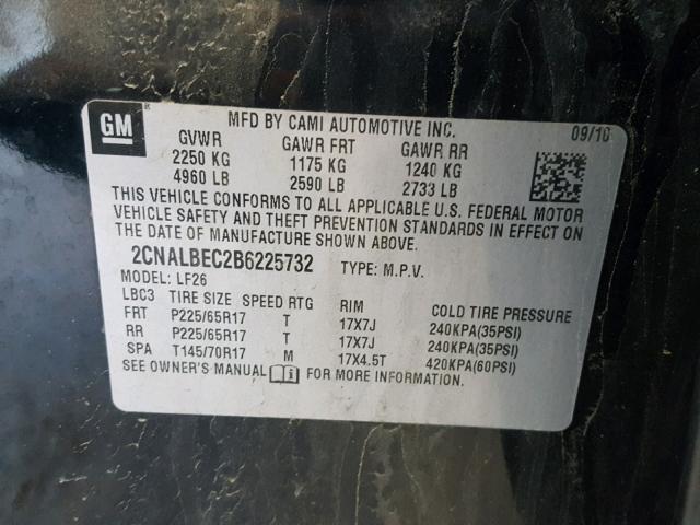 2CNALBEC2B6225732 - 2011 CHEVROLET EQUINOX LS BLACK photo 10