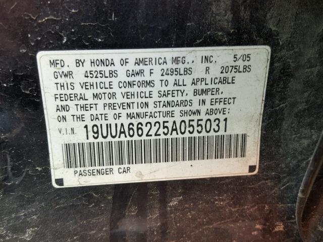 19UUA66225A055031 - 2005 ACURA TL BLACK photo 10