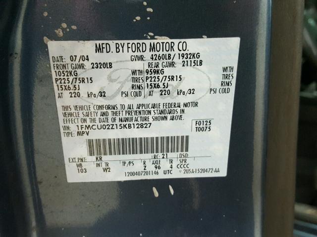 1FMCU02Z15KB12827 - 2005 FORD ESCAPE XLS BLUE photo 10