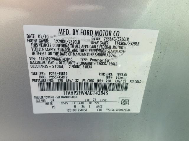 1FAHP2FW4AG143845 - 2010 FORD TAURUS LIM SILVER photo 10