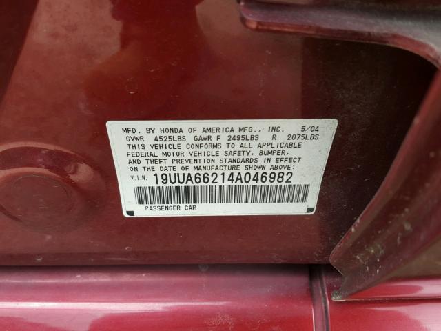 19UUA66214A046982 - 2004 ACURA TL BURGUNDY photo 10