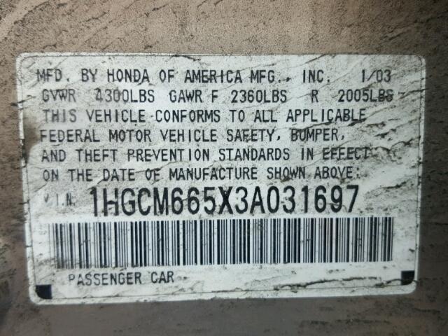 1HGCM665X3A031697 - 2003 HONDA ACCORD EX GOLD photo 10