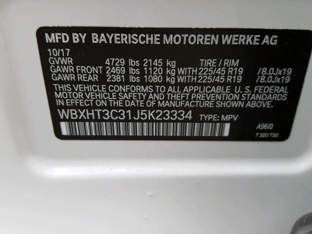 WBXHT3C31J5K23334 - 2018 BMW X1 XDRIVE2 Ақ фото 10