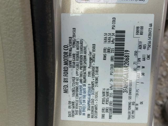 3FAHP0GA1AR206819 - 2010 FORD FUSION S SILVER photo 10