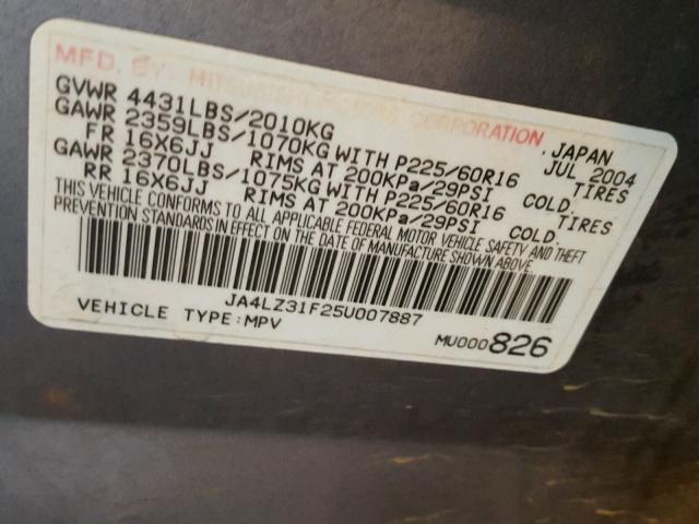 JA4LZ31F25U007887 - 2005 MITSUBISHI OUTLANDER GRAY photo 10