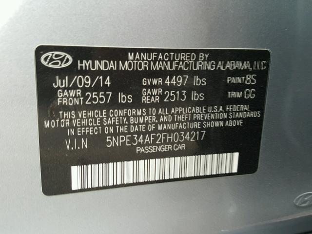 5NPE34AF2FH034217 - 2015 HYUNDAI SONATA SPO GRAY photo 10