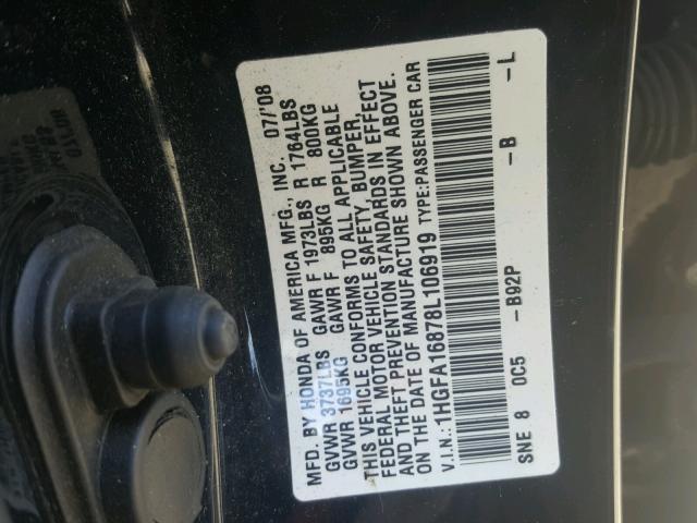 1HGFA16878L106919 - 2008 HONDA CIVIC EX შავი ფოტო 10