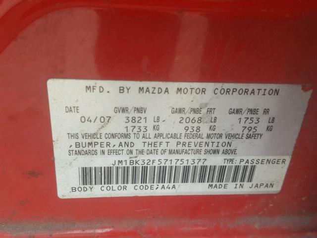 JM1BK32F571751377 - 2007 MAZDA 3 I RED photo 10