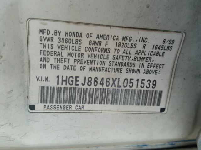 1HGEJ8646XL051539 - 1999 HONDA CIVIC EX 白色 照片 10